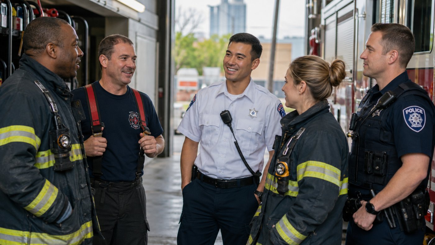 Firefighters, paramedics, and police officers talking outside a station